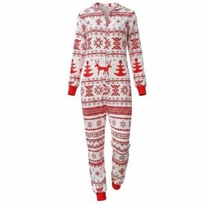 Holiday Christmas Hooded Union Suit Reindeer Snowflake Pajamas Red White XL